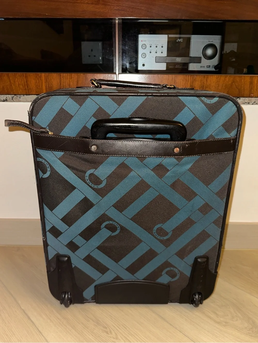Lancel Teal & Brown Patterned Travel Case with Leather Trim
